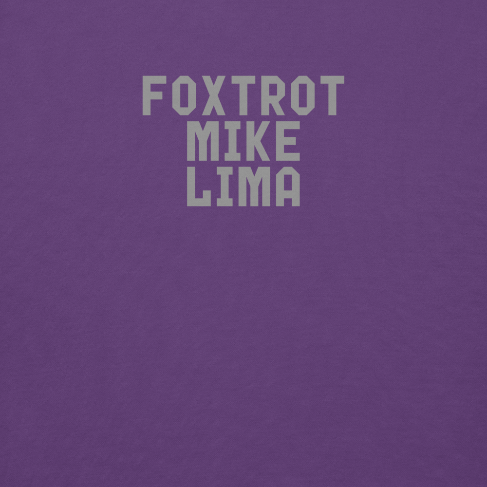 "Foxtrot Mike Lima" printed on a purple background