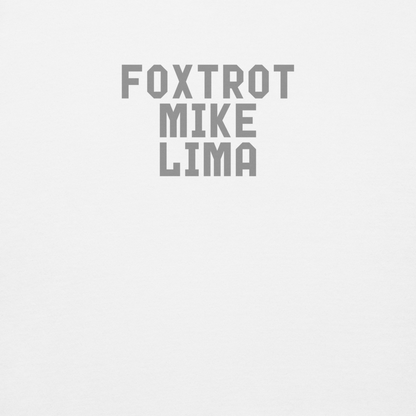 "Foxtrot Mike Lima" printed on a white background
