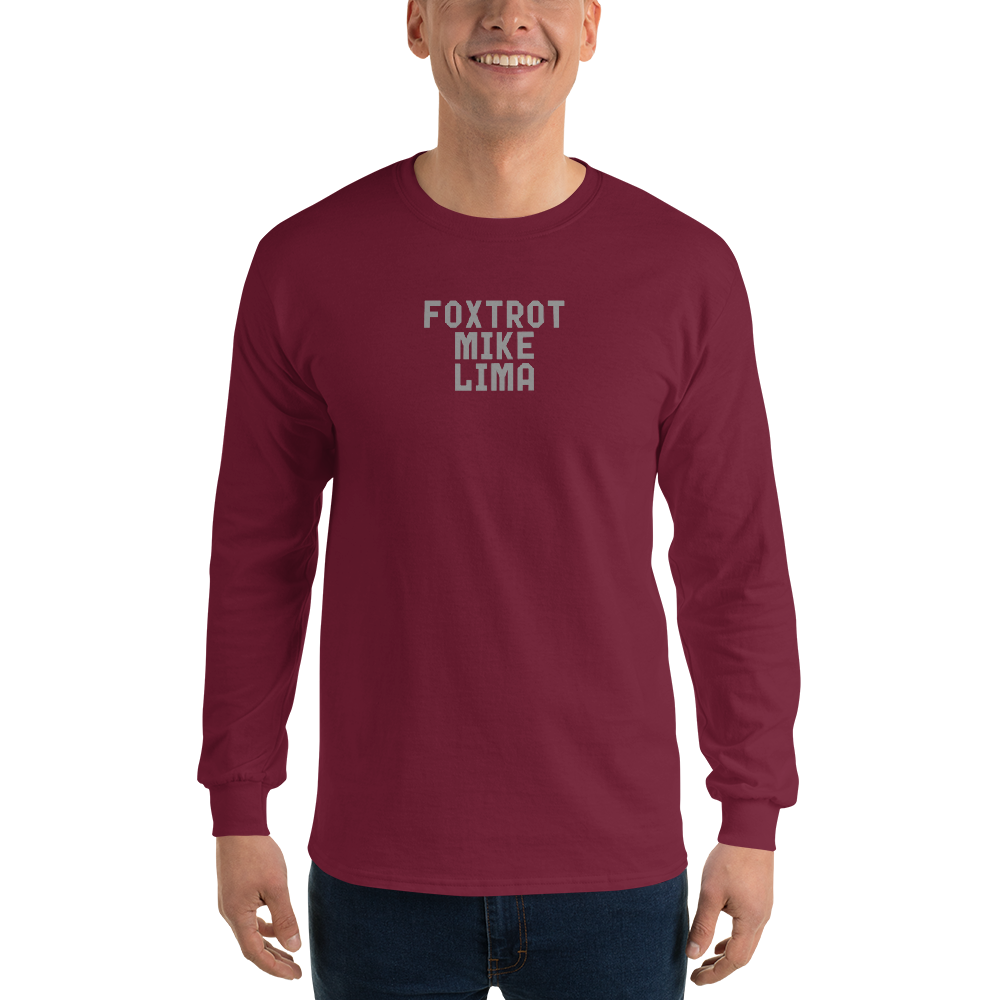 "Foxtrot Mike Lima" printed on a maroon men's long sleeve shirt worn by a male
