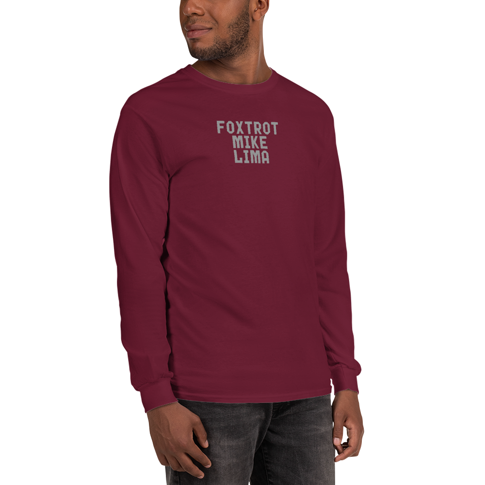 "Foxtrot Mike Lima" printed on a maroon men's long sleeve shirt worn by a male
