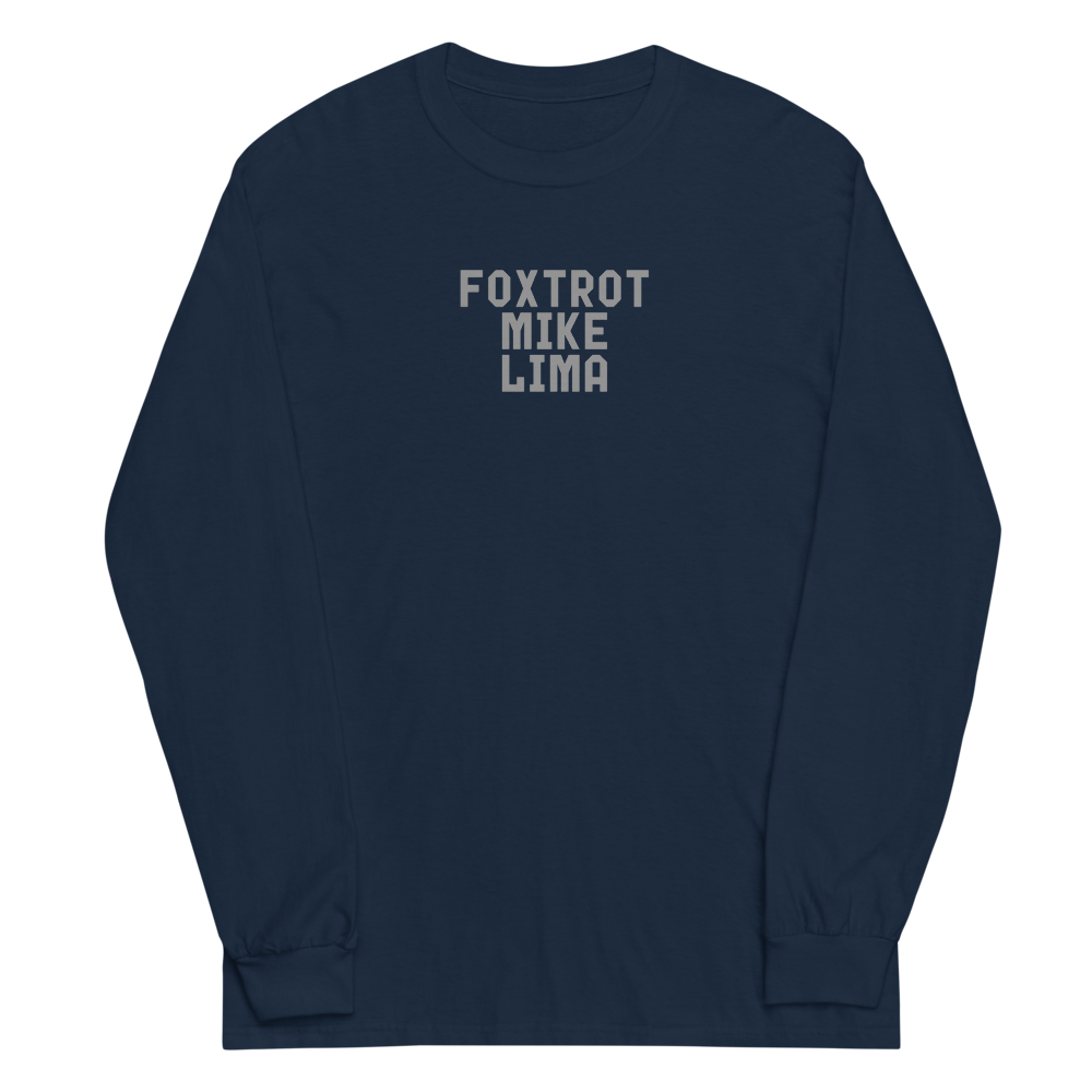 "Foxtrot Mike Lima" printed on a navy men's long sleeve shirt laying on a flat surface