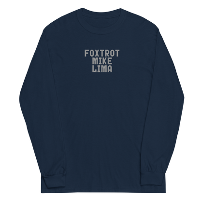 "Foxtrot Mike Lima" printed on a navy men's long sleeve shirt laying on a flat surface