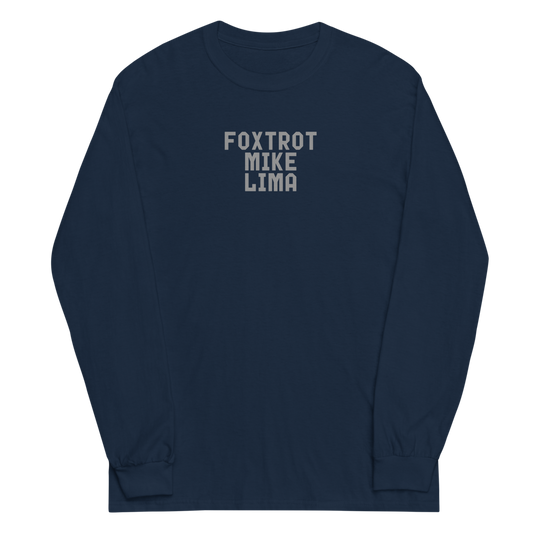 "Foxtrot Mike Lima" printed on a navy men's long sleeve shirt laying on a flat surface
