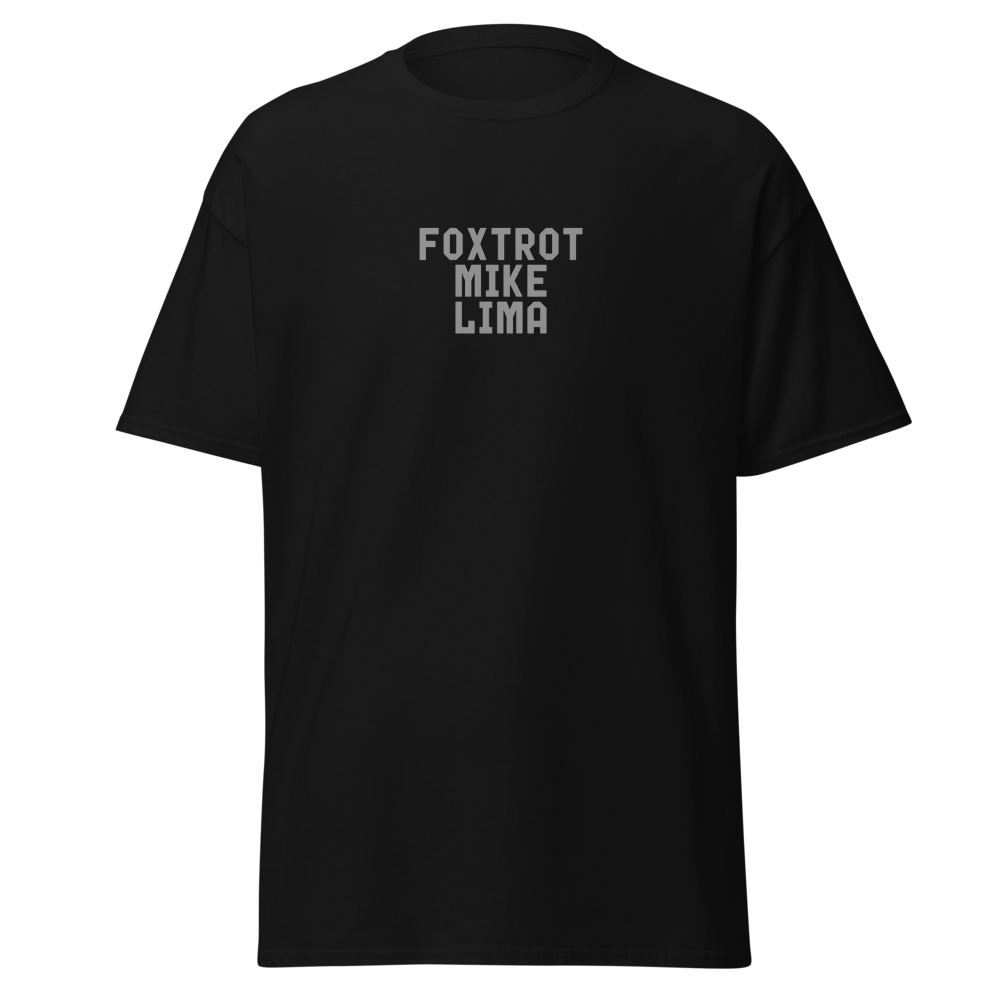 "Foxtrot Mike Lima" printed on a black on an invisible body