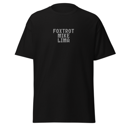 "Foxtrot Mike Lima" printed on a black on an invisible body