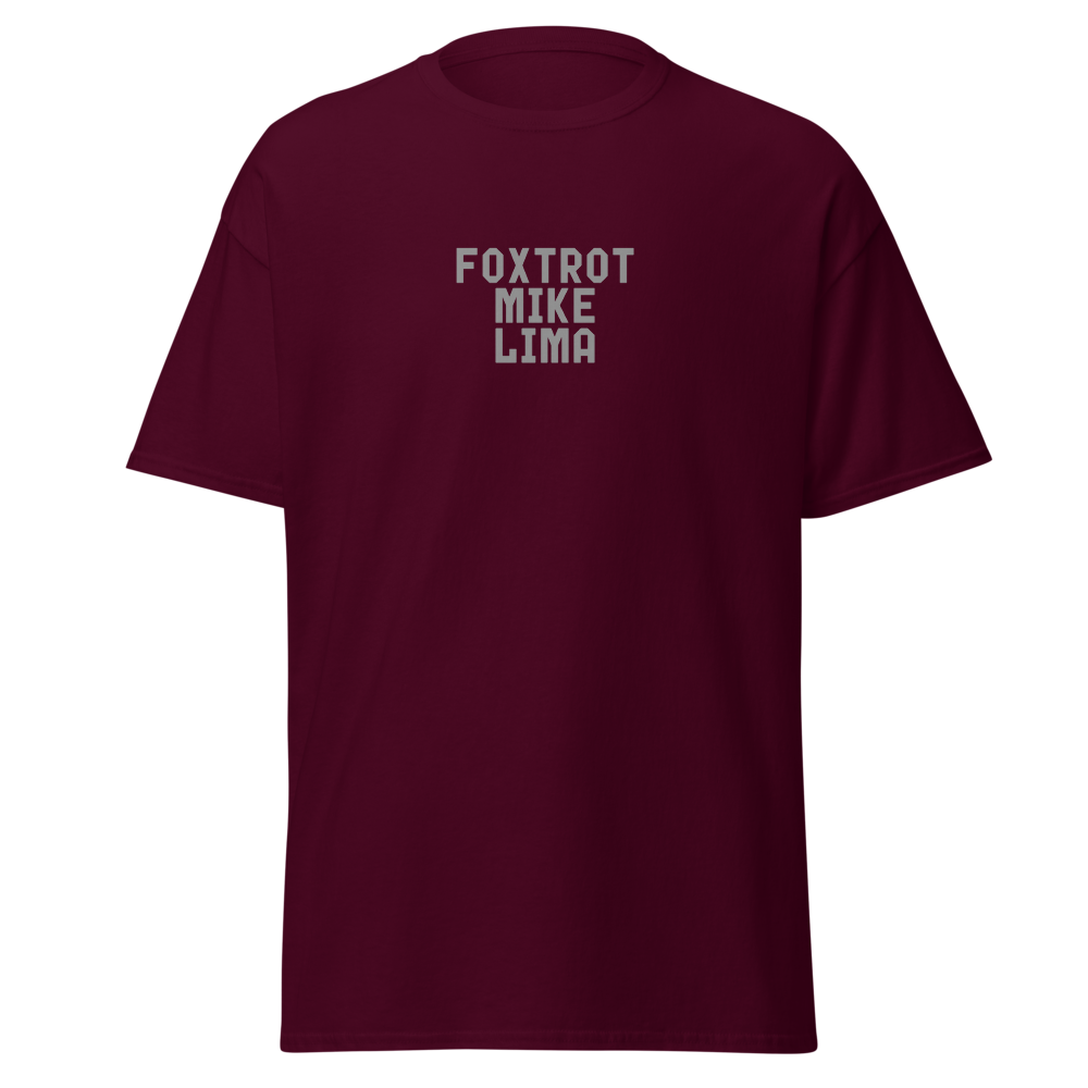 "Foxtrot Mike Lima" printed on a maroon on an invisible body