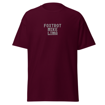 "Foxtrot Mike Lima" printed on a maroon on an invisible body