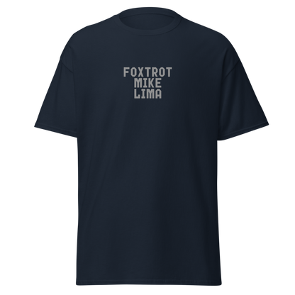"Foxtrot Mike Lima" printed on a navy on an invisible body