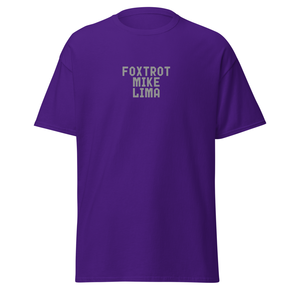 "Foxtrot Mike Lima" printed on a purple on an invisible body