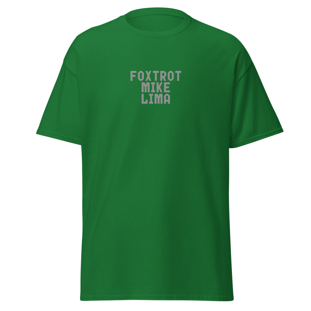 "Foxtrot Mike Lima" printed on a turf green on an invisible body