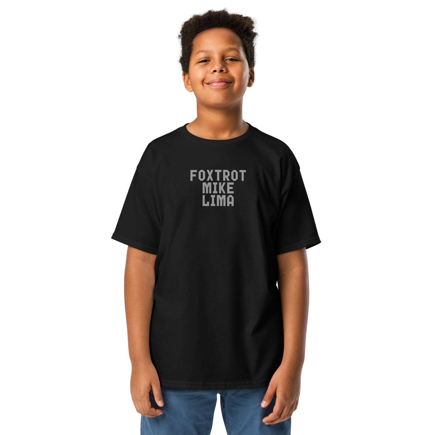 "Foxtrot Mike Lima" printed on a black youth classic tee worn by a male