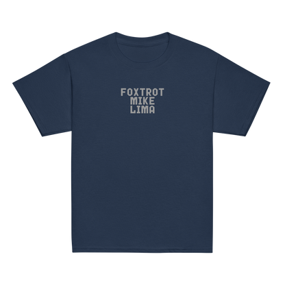 "Foxtrot Mike Lima" printed on a navy youth classic tee laying on a flat surface