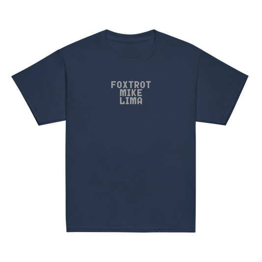 "Foxtrot Mike Lima" printed on a navy youth classic tee laying on a flat surface