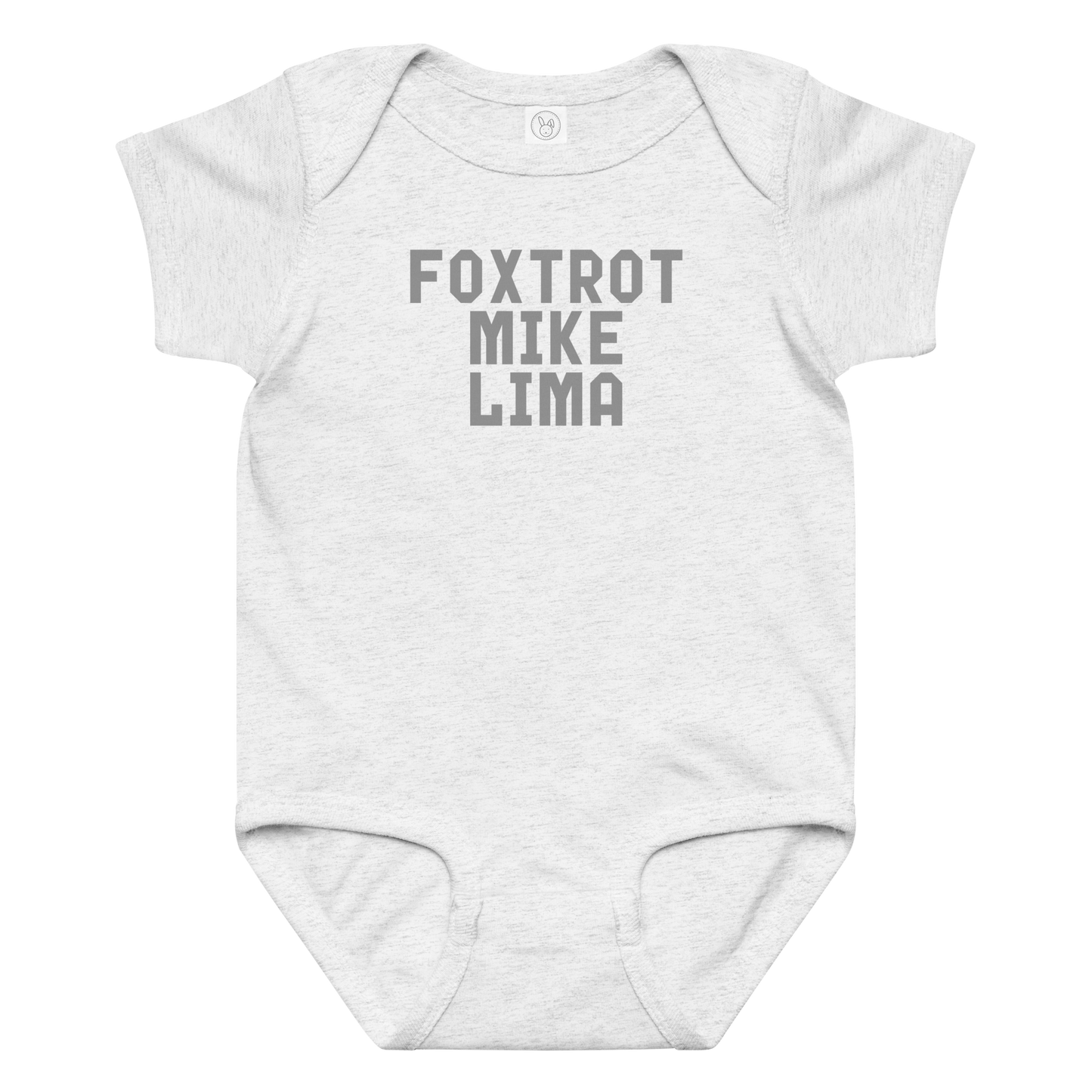 "Foxtrot Mike Lima" printed on a ash baby jersey bodysuit laying on a flat surface amongst other clothes