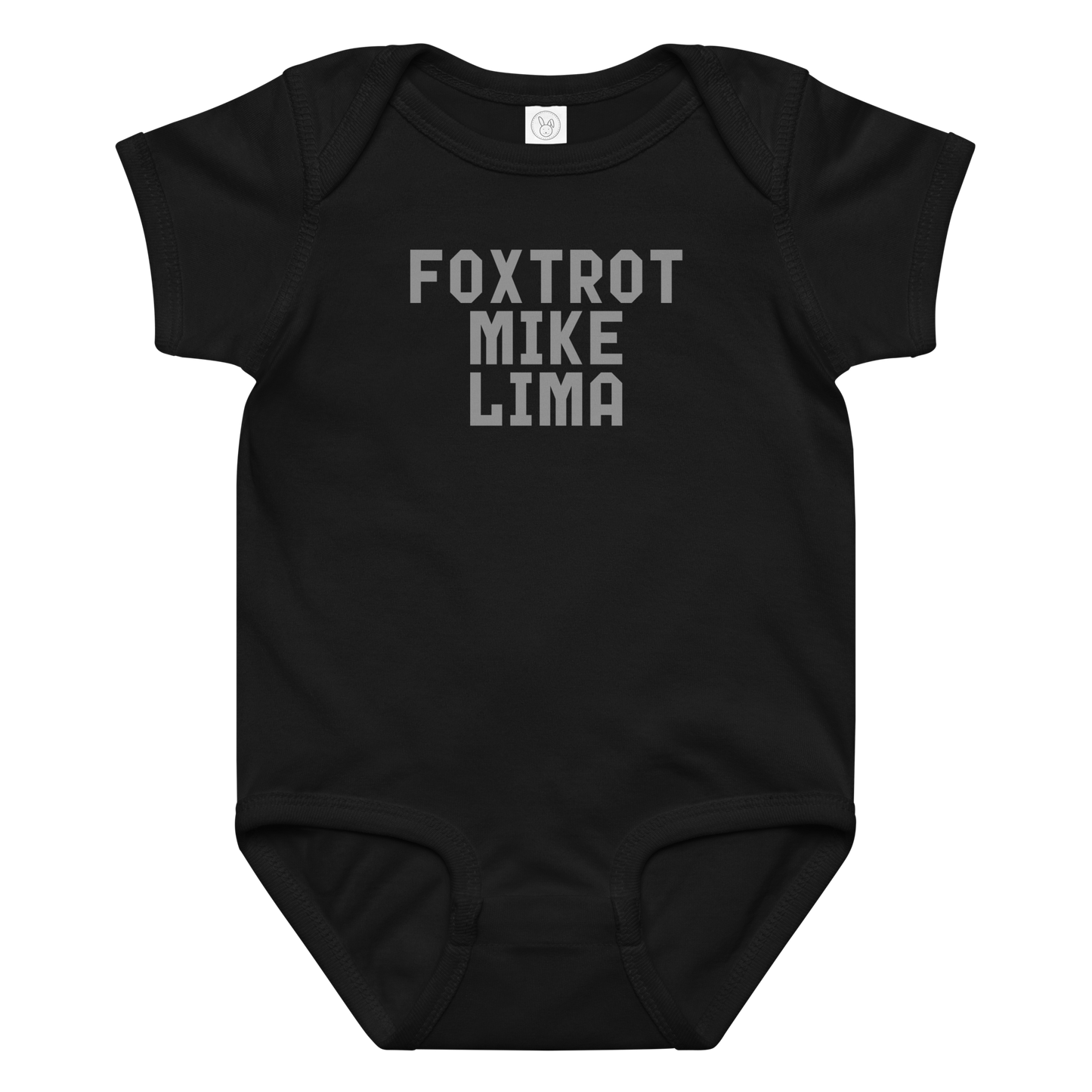"Foxtrot Mike Lima" printed on a black baby jersey bodysuit laying on a flat surface amongst other clothes