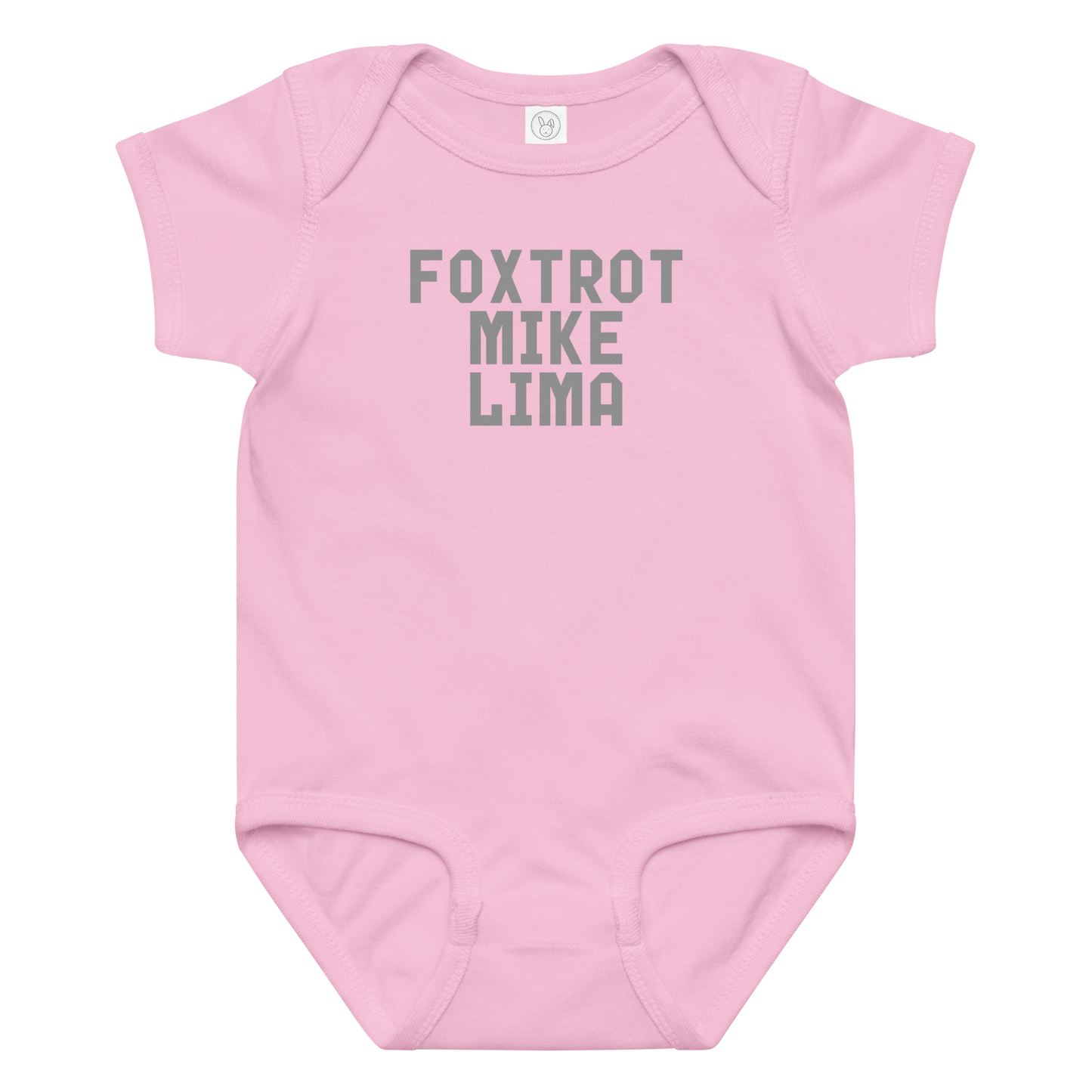 "Foxtrot Mike Lima" printed on a pink baby jersey bodysuit laying on a flat surface amongst other clothes