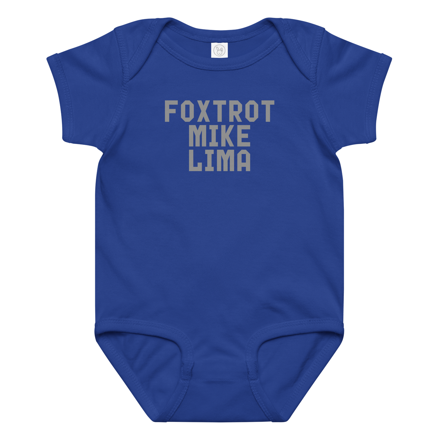 "Foxtrot Mike Lima" printed on a royal baby jersey bodysuit laying on a flat surface amongst other clothes