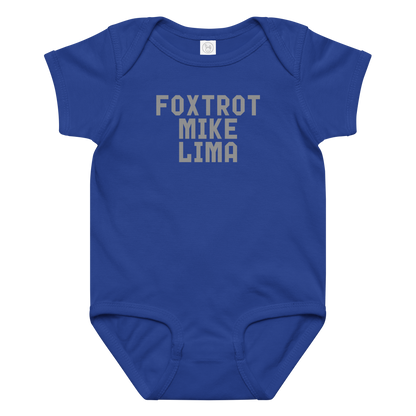 "Foxtrot Mike Lima" printed on a royal baby jersey bodysuit laying on a flat surface amongst other clothes
