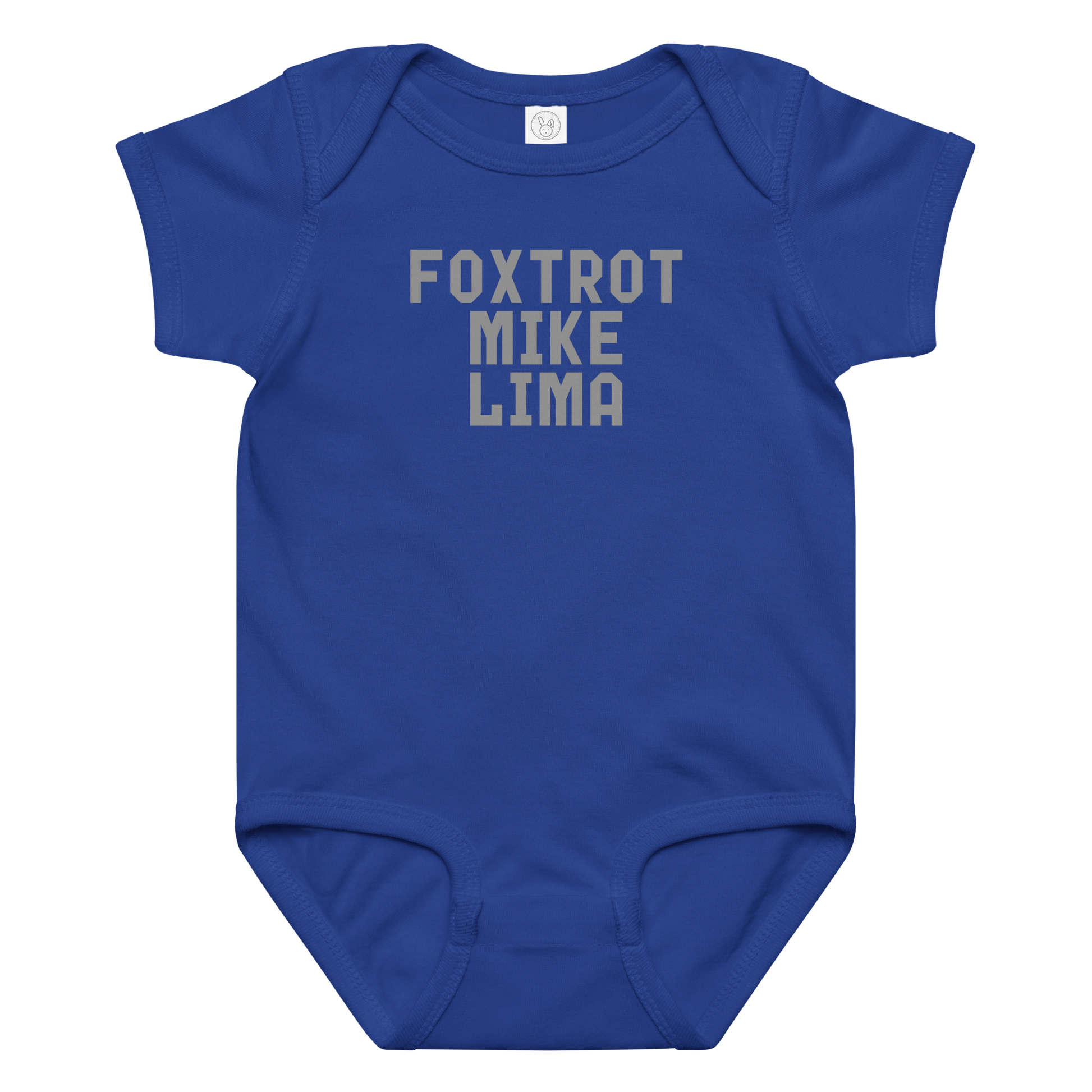 "Foxtrot Mike Lima" printed on a royal baby jersey bodysuit laying on a flat surface amongst other clothes