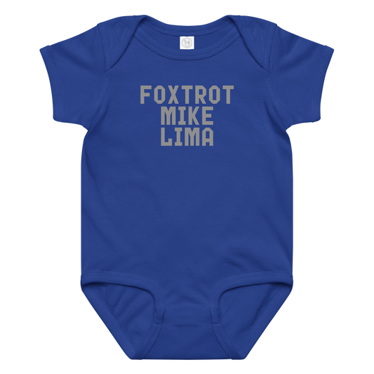 "Foxtrot Mike Lima" printed on a royal baby jersey bodysuit laying on a flat surface amongst other clothes