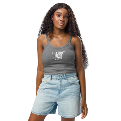 "Foxtrot Mike Lima" printed on a athletic heather women's micro-rib tanktop worn by a female
