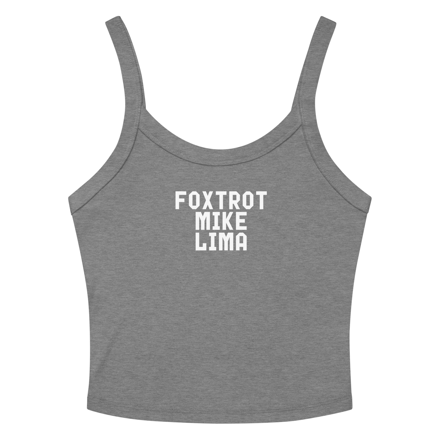 "Foxtrot Mike Lima" printed on a athletic heather women's micro-rib tanktop laying on a flat surface amongst sunglasses and shorts