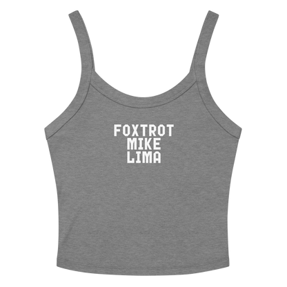 "Foxtrot Mike Lima" printed on a athletic heather women's micro-rib tanktop laying on a flat surface amongst sunglasses and shorts