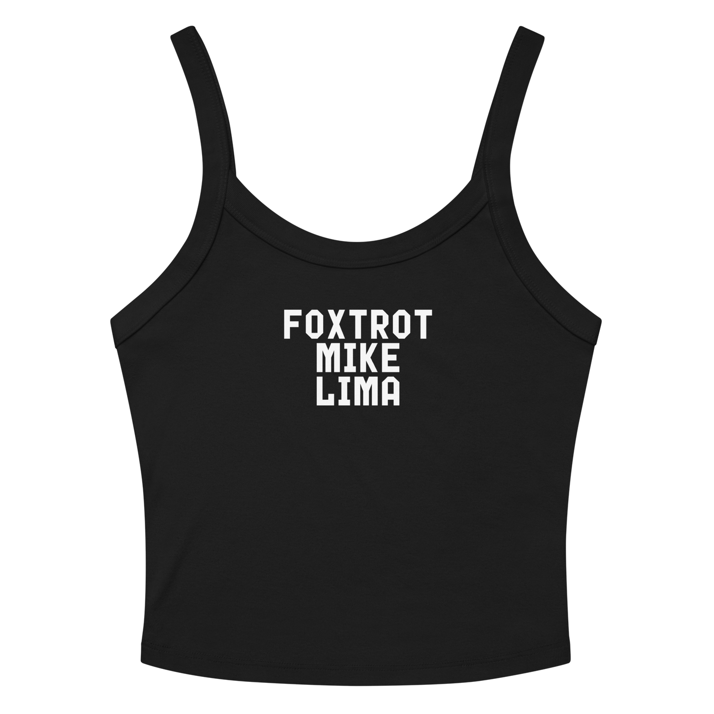"Foxtrot Mike Lima" printed on a solid black blend women's micro-rib tanktop laying on a flat surface amongst sunglasses and shorts