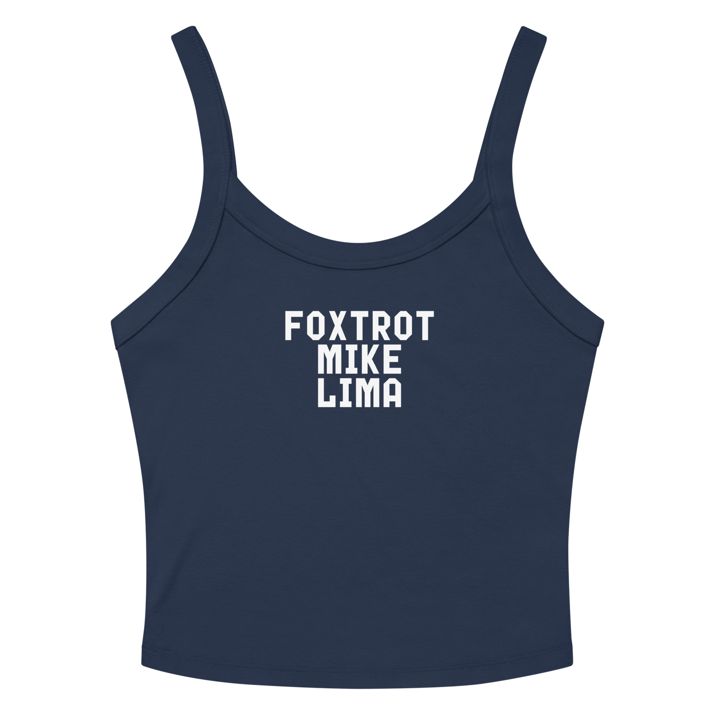 "Foxtrot Mike Lima" printed on a solid navy blend women's micro-rib tanktop laying on a flat surface amongst sunglasses and shorts