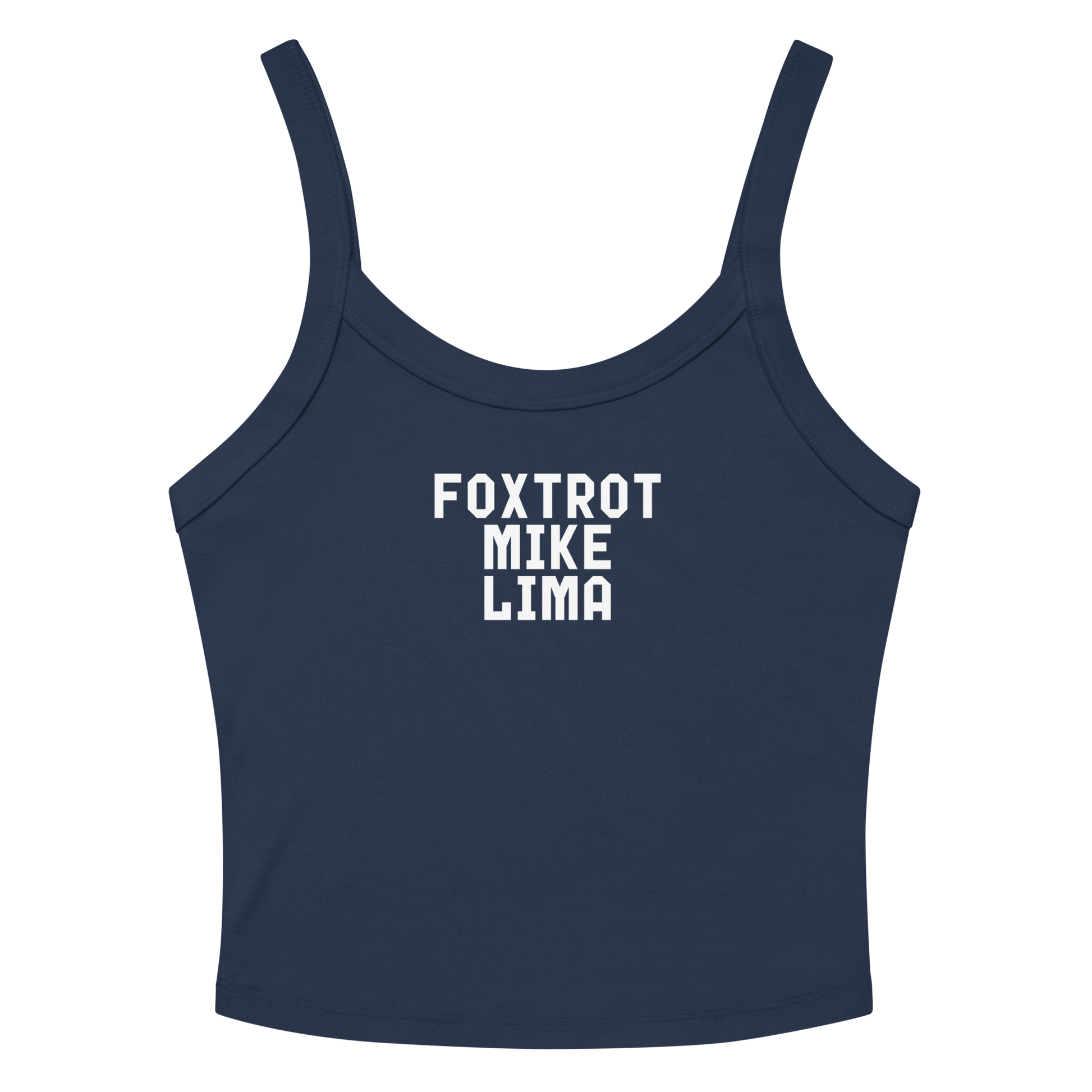 "Foxtrot Mike Lima" printed on a solid navy blend women's micro-rib tanktop laying on a flat surface amongst sunglasses and shorts