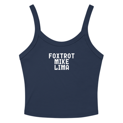 "Foxtrot Mike Lima" printed on a solid navy blend women's micro-rib tanktop laying on a flat surface amongst sunglasses and shorts