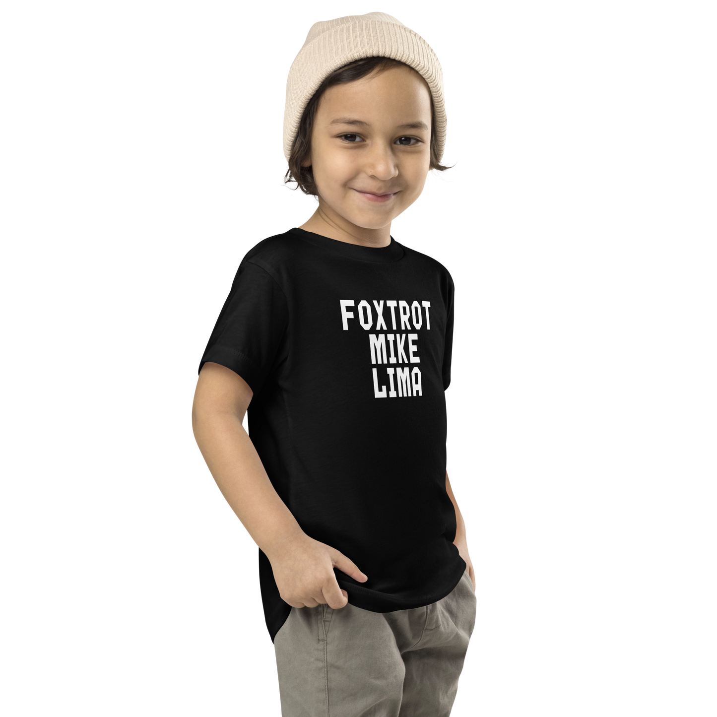 "Foxtrot Mike Lima" printed on a black toddler short sleeve tee worn by a male who is also wearing a knit cap