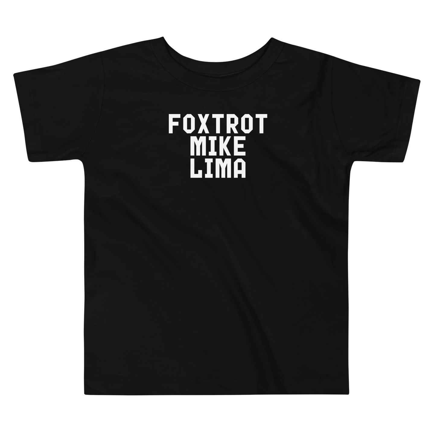 "Foxtrot Mike Lima" printed on a black toddler short sleeve tee laying on a flat surface