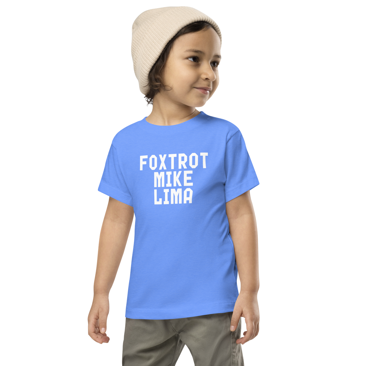 "Foxtrot Mike Lima" printed on a heather columbia blue toddler short sleeve tee worn by a male wearing a cap