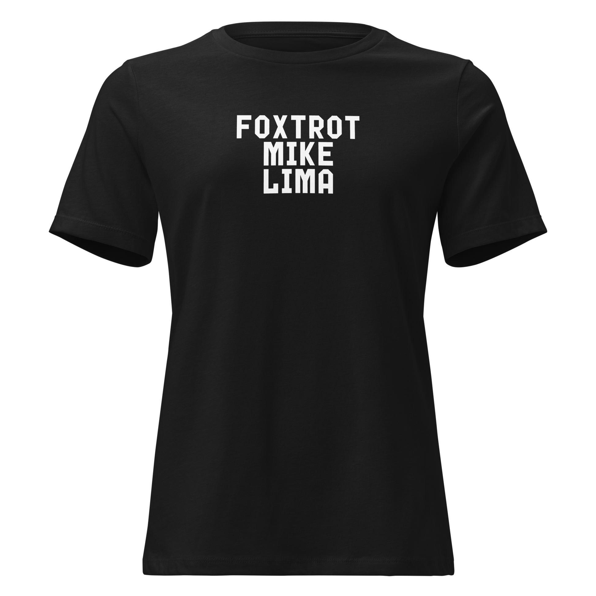 "Foxtrot Mike Lima" printed on a black on an invisible / simulated body