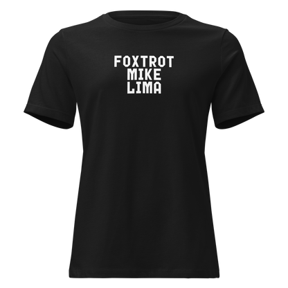 "Foxtrot Mike Lima" printed on a black on an invisible / simulated body