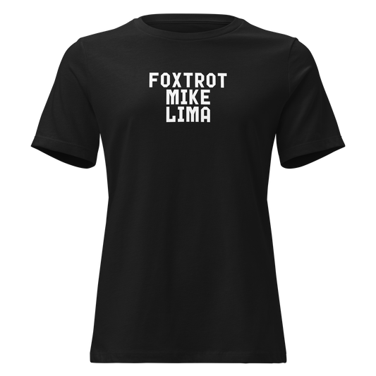 "Foxtrot Mike Lima" printed on a black on an invisible / simulated body