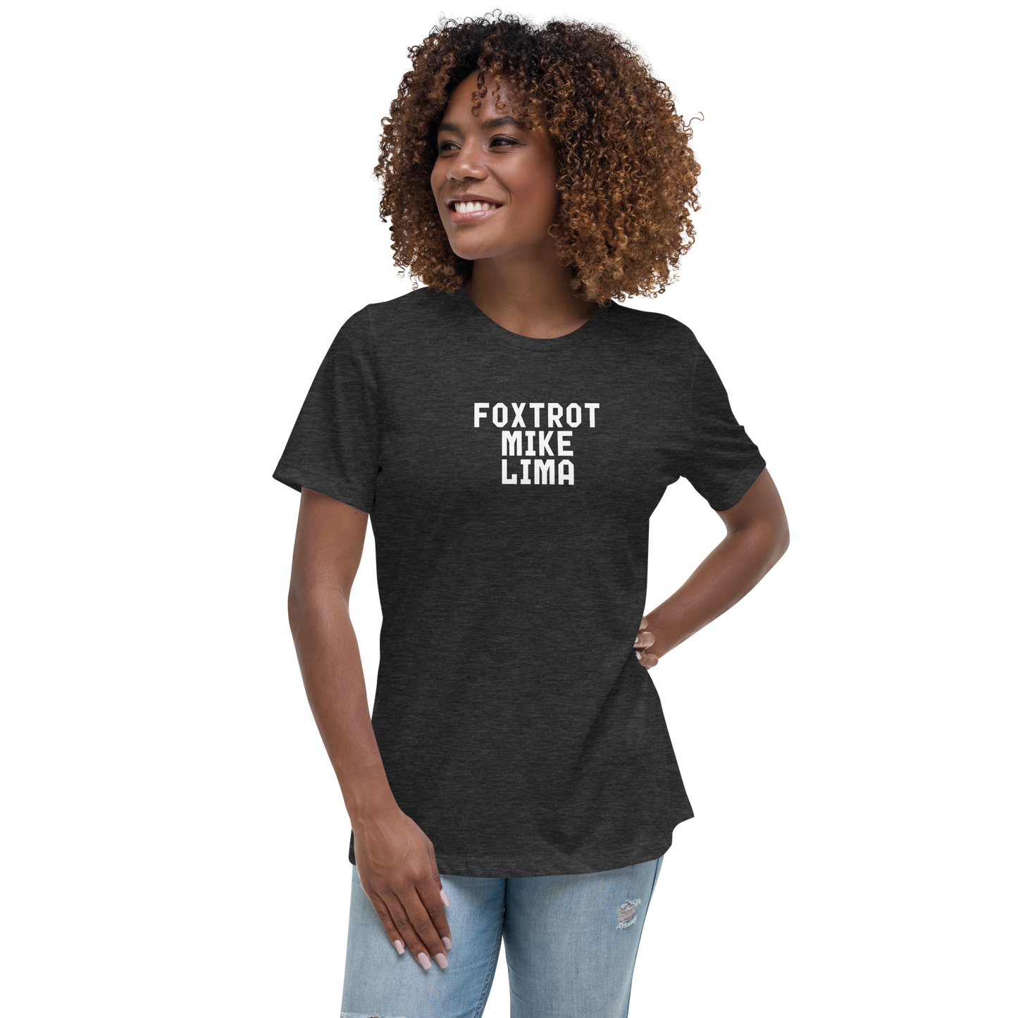 "Foxtrot Mike Lima" printed on a dark grey heather women's relaxed t-shirt worn by a female