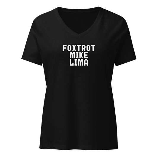 "Foxtrot Mike Lima" printed on a solid black blend on an invisible / simulated body