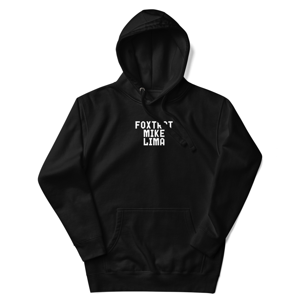 "Foxtrot Mike Lima" printed on a black unisex hoodie laying on a flat surface with the hood up