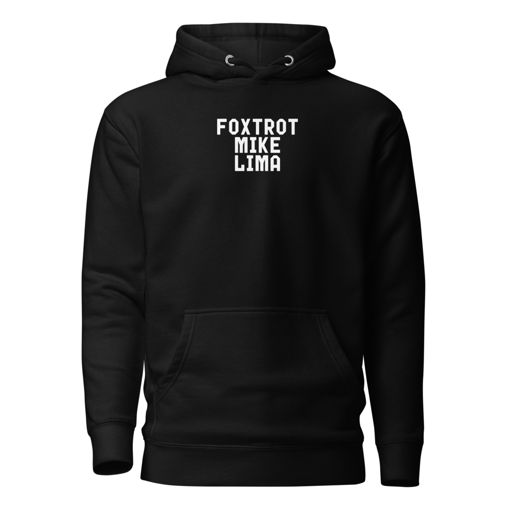 "Foxtrot Mike Lima" printed on a black on an invisible / simulated body