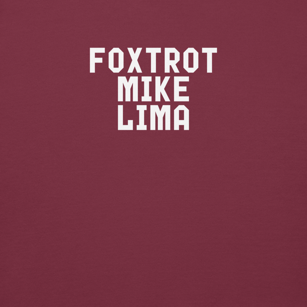 "Foxtrot Mike Lima" printed on a maroon background
