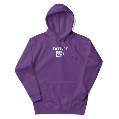 "Foxtrot Mike Lima" printed on a purple unisex hoodie laying on a flat surface with the hood up