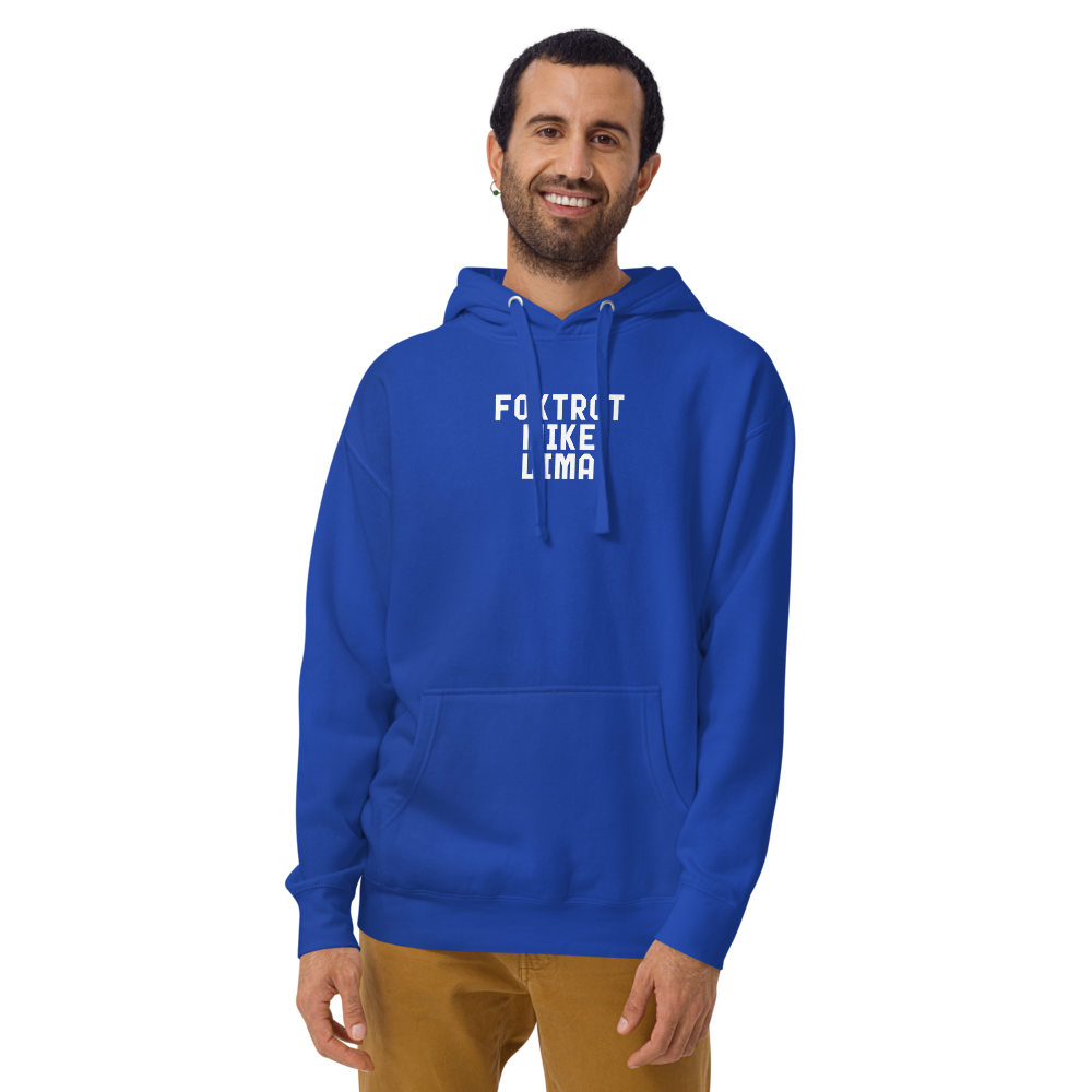 "Foxtrot Mike Lima" printed on a team royal warn by a male