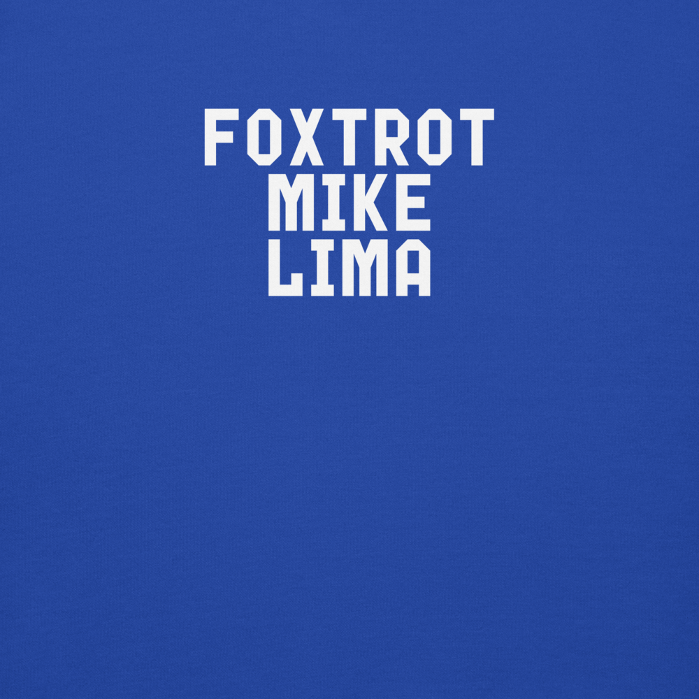 "Foxtrot Mike Lima" printed on a team royal background
