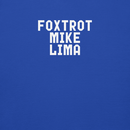 "Foxtrot Mike Lima" printed on a team royal background