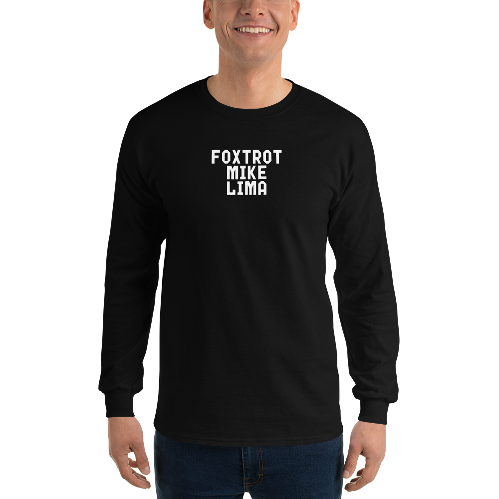 "Foxtrot Mike Lima" printed on a black men's long sleeve shirt worn by a male