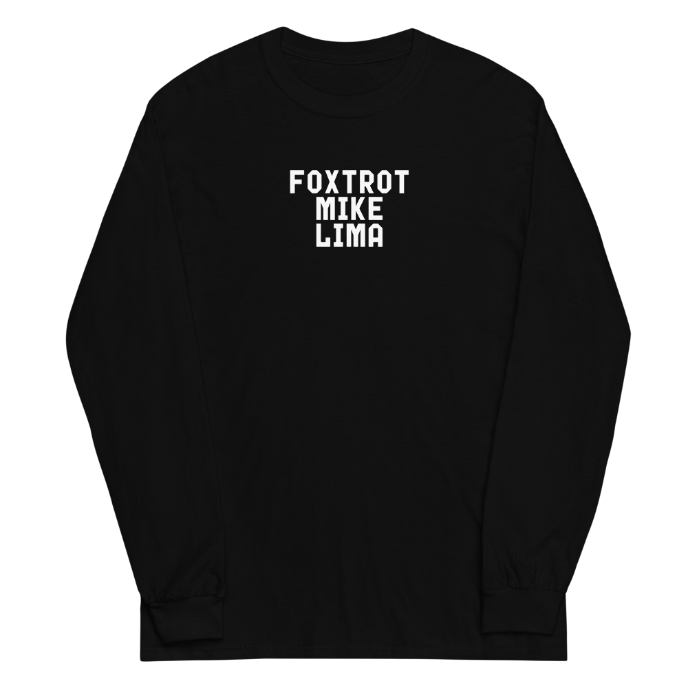 "Foxtrot Mike Lima" printed on a black men's long sleeve shirt laying on a flat surface