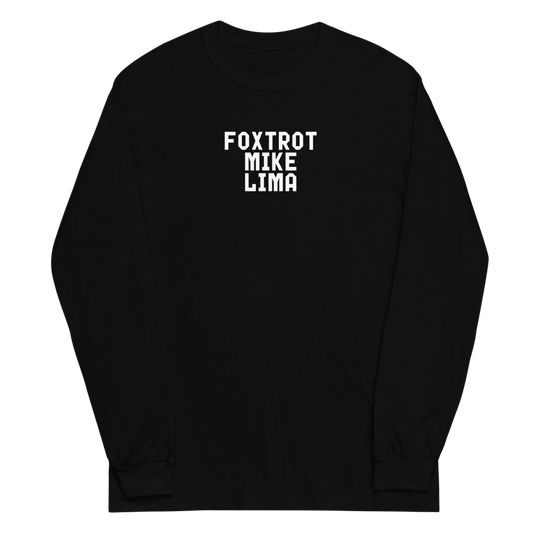 "Foxtrot Mike Lima" printed on a black men's long sleeve shirt laying on a flat surface