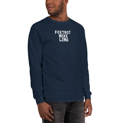 "Foxtrot Mike Lima" printed on a navy men's long sleeve shirt worn by a male